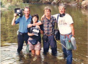 Andrew Drummond, Kimi Zabhiyan with cameraman John and soundman Les in Shan State of Burma 1989 filming 'Lord of the Golden Triangle'.