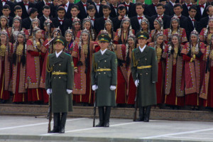 Turkmenistan troops and women in national costume for Turkmenbashi the Great's Birthday Celebrations February 19 2003, Ashgabat, Turkmenistan