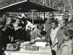 Andrew Drummond with young Buddhist monks filing a story from Homong, headquarters of Khun Sa and Shan rebel army - 1987
